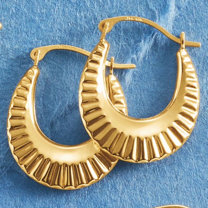10k Gold Brushed Oblong Hoops, , large