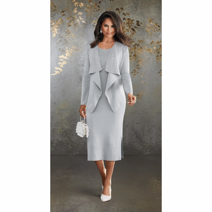 Pearl-Embellished Knit Jacket Dress, , large