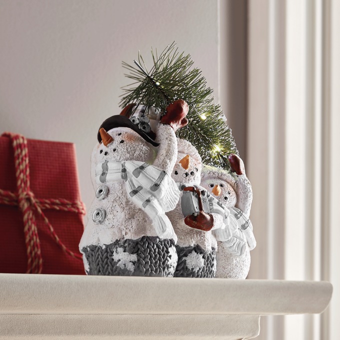 LED Snowmen Carrying Bottlebrush Tree Figurine, , large