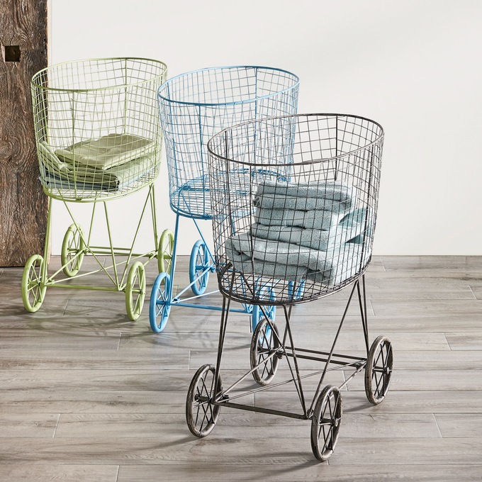 Vintage-Style Rolling Laundry Cart, , large