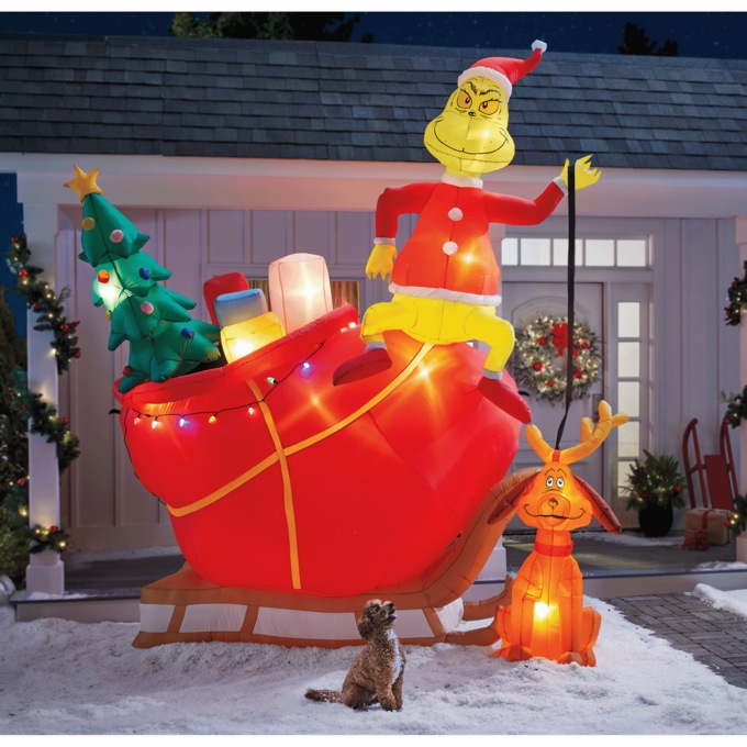 Oversized Grinch with Sleigh Lit Inflatable, , large