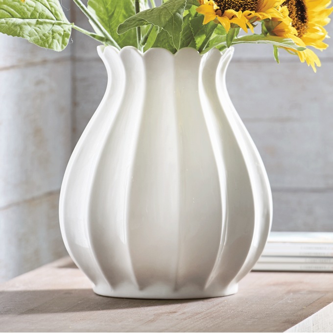 Ribbed Scalloped Stoneware Vase, White, large