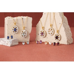 Gemstone Oval Frame Necklace &amp; Earring Set, , large