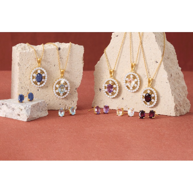 Gemstone Oval Frame Necklace & Earring Set, , large