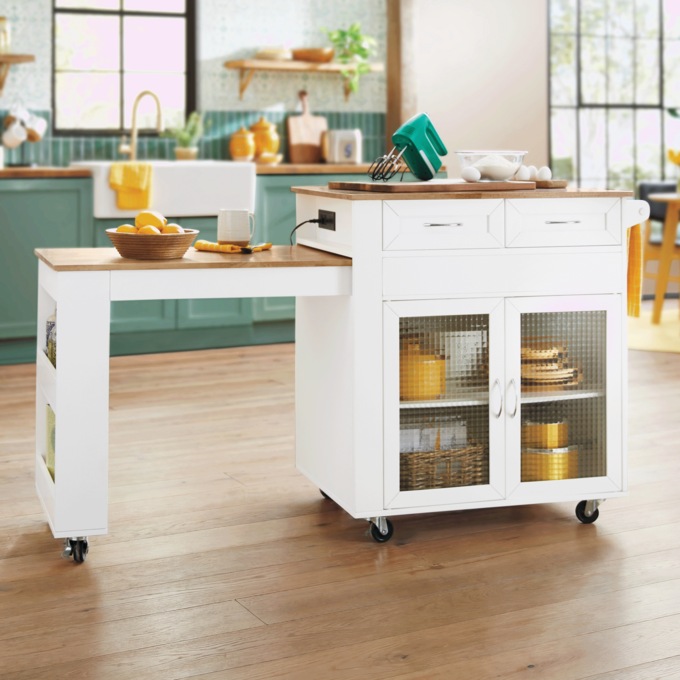 Powered Expandable Kitchen Island, White, large