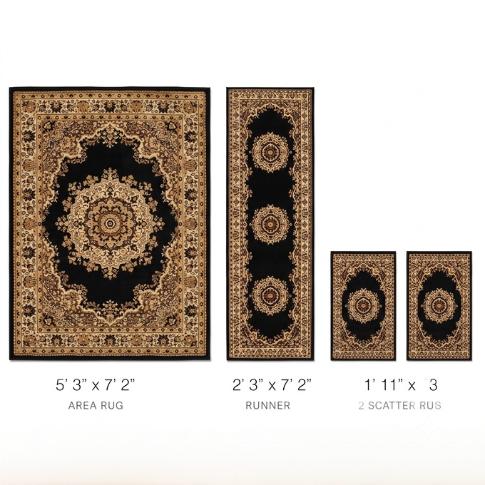 4-Piece Plush Floral Kirman Rug Set with Runner and Mats, , large