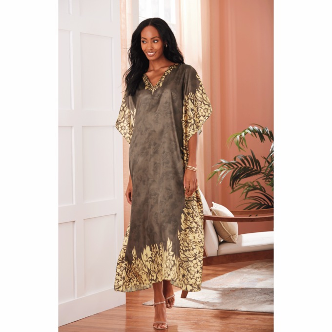 Mi Amor Long V-Neck Caftan with Floral Border, Chocolate, large