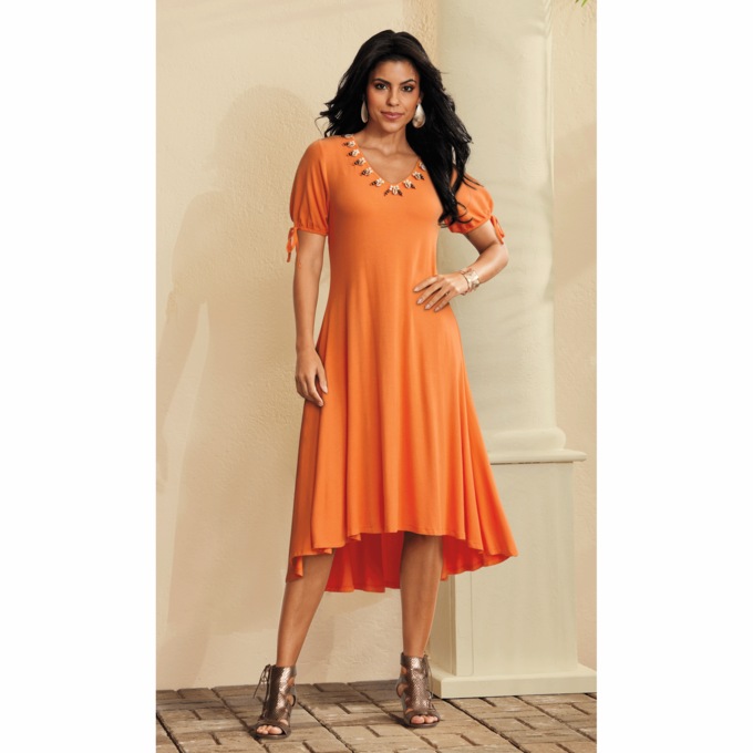 Georgine A-Line Dress with Beaded V-Neck and Puffed Sleeves, , large