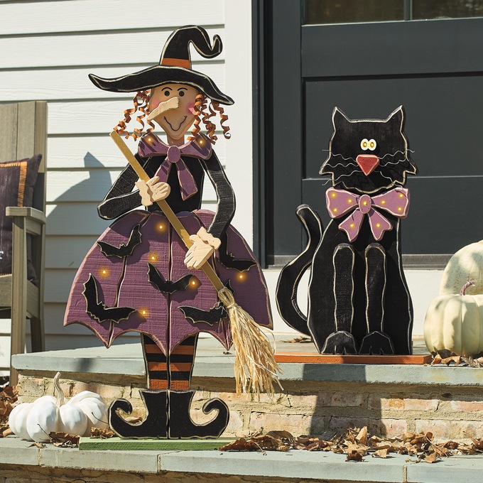 Chunky Wood Cutouts Lit Black Cat, , large