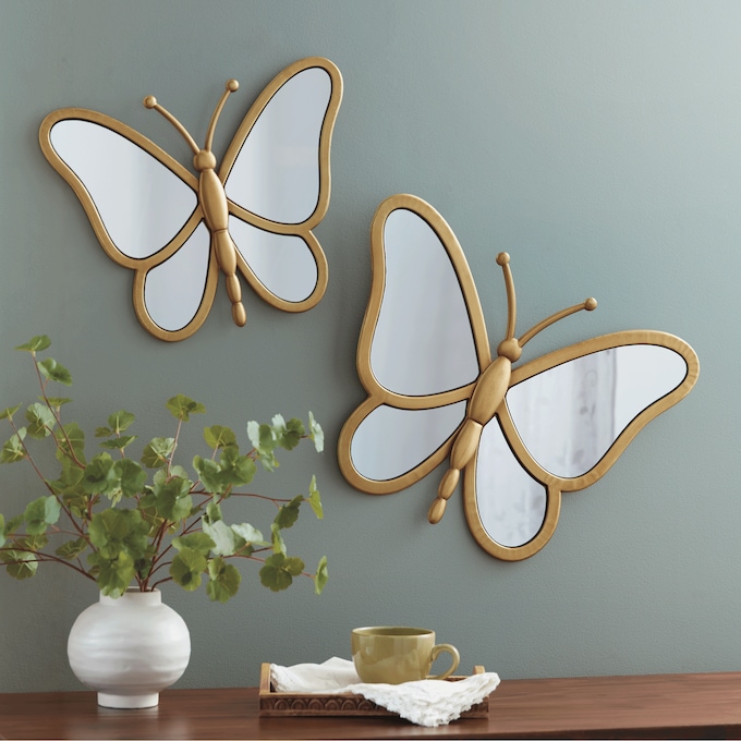 Set of 2 Golden-Framed Butterfly Mirrors, , large