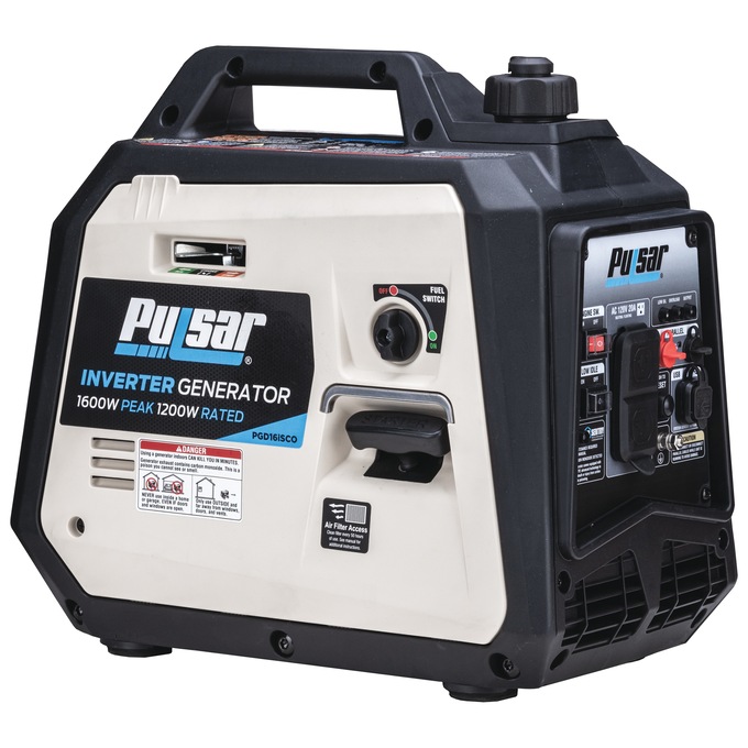 Pulsar 1600W/1200W Portable Gas Inverter Generator, Recoil Start with CO Alert, Black, large