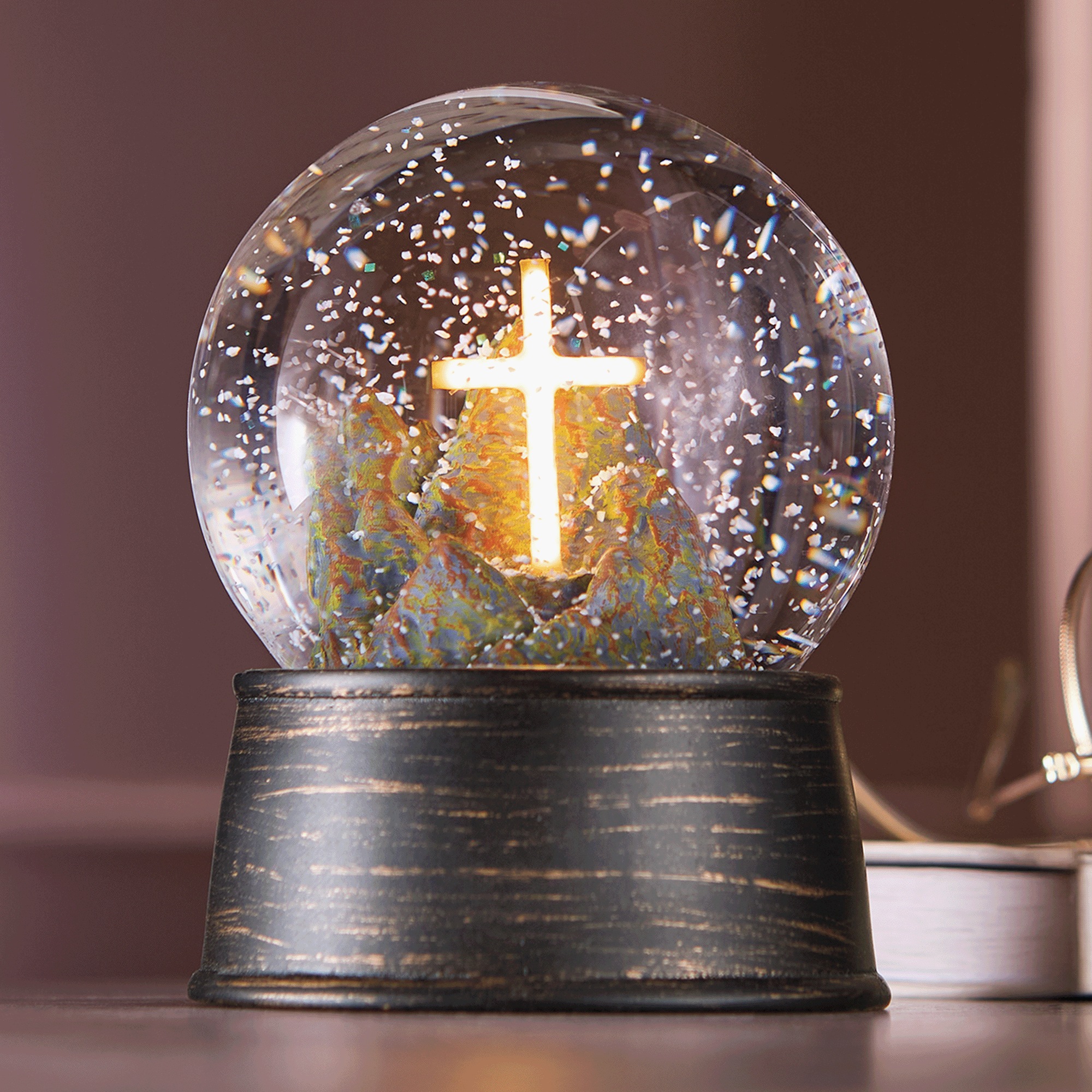 Lit Neon-Look Cross Waterglobe, , large