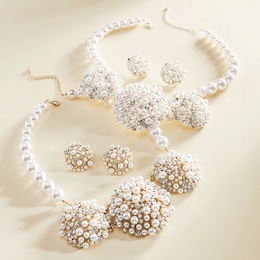 Faux-Pearl Crystal Cluster Necklace &amp; Earring Set, , large