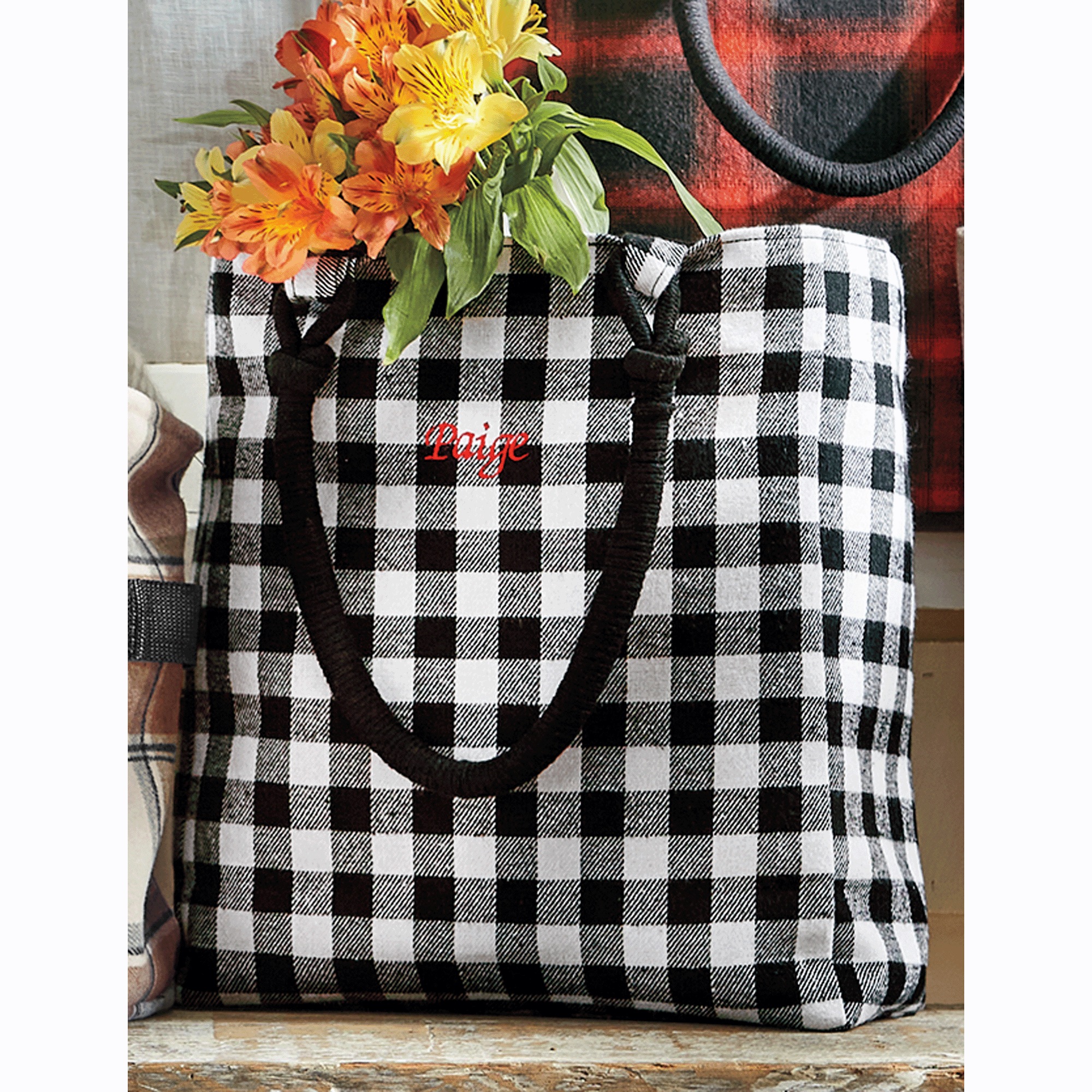 Personalized Farmhouse Tote, Black White Check, large