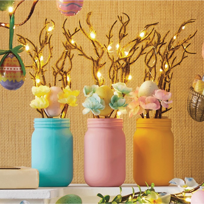 Set of 3 Lit Easter Arrangements in Mason Jars, , large