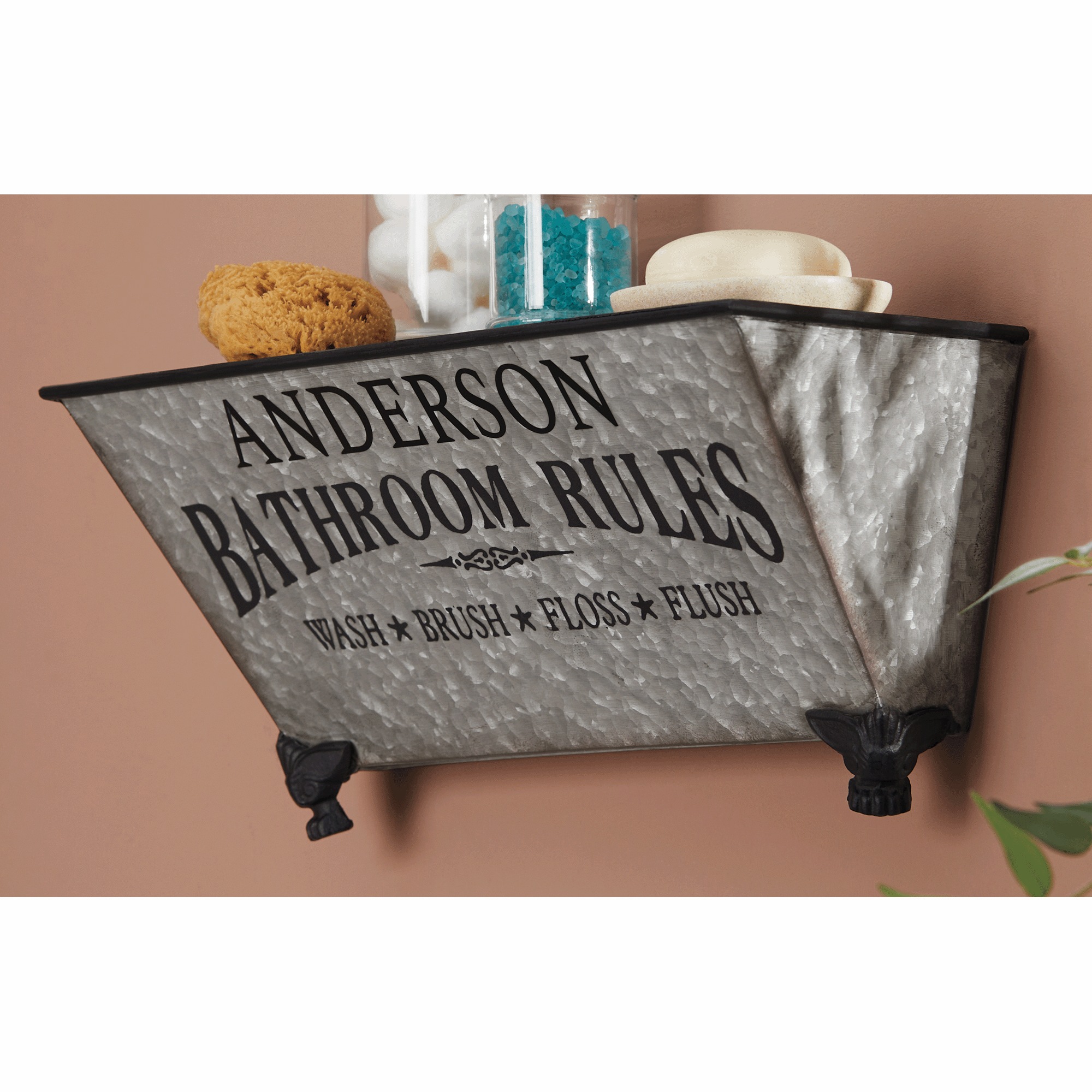 Bathroom Rules Galvanized Wall Shelf, , large